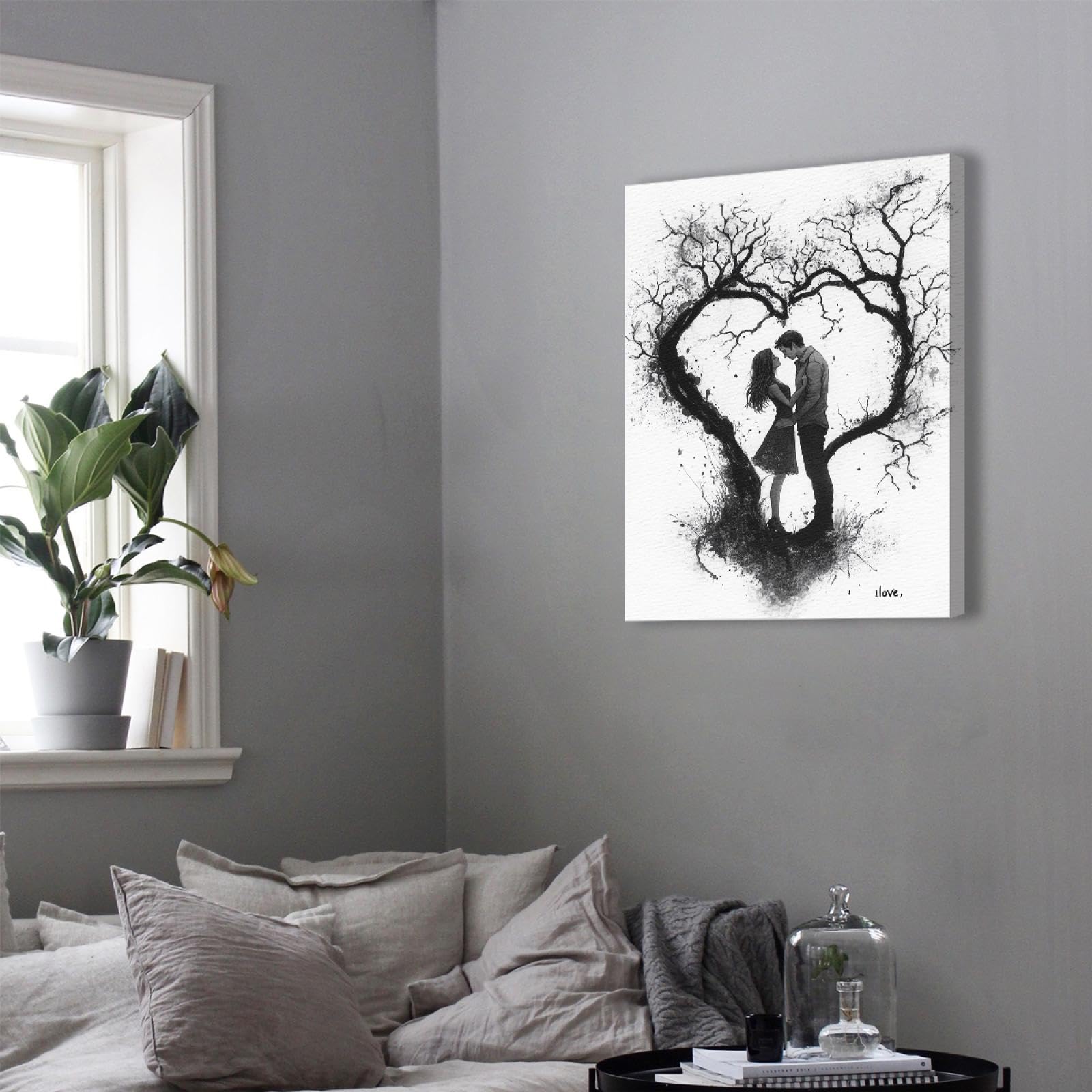 Creativo Amore Design Tela Arti Della Parete Rami A Forma Di Cuore E Giovane Coppia Opere D'arte Poster Per Il Soggiorno Lobby Room Wall Decor Bianco 60x80cm Innerframe