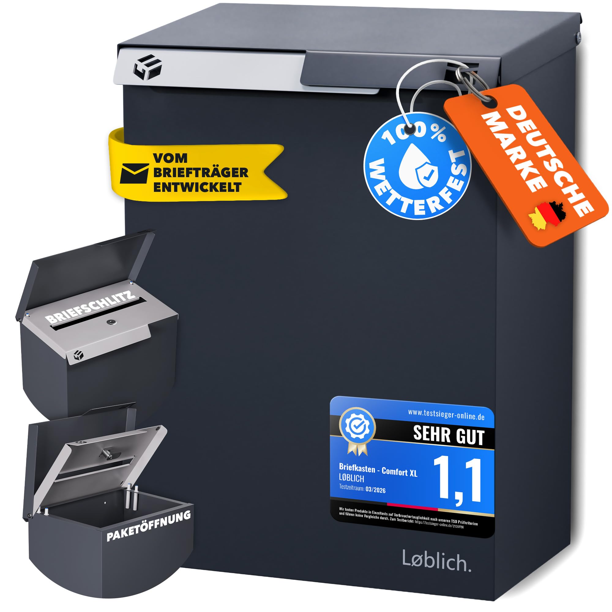 Briefkasten RAL 7016 Anthrazit | Vom Briefträger entwickelter XL-Wandbriefkasten für Päckchen & Post - wetterfest, geräuscharm, abschließbar - Outdoor Stahl-Postkasten modern