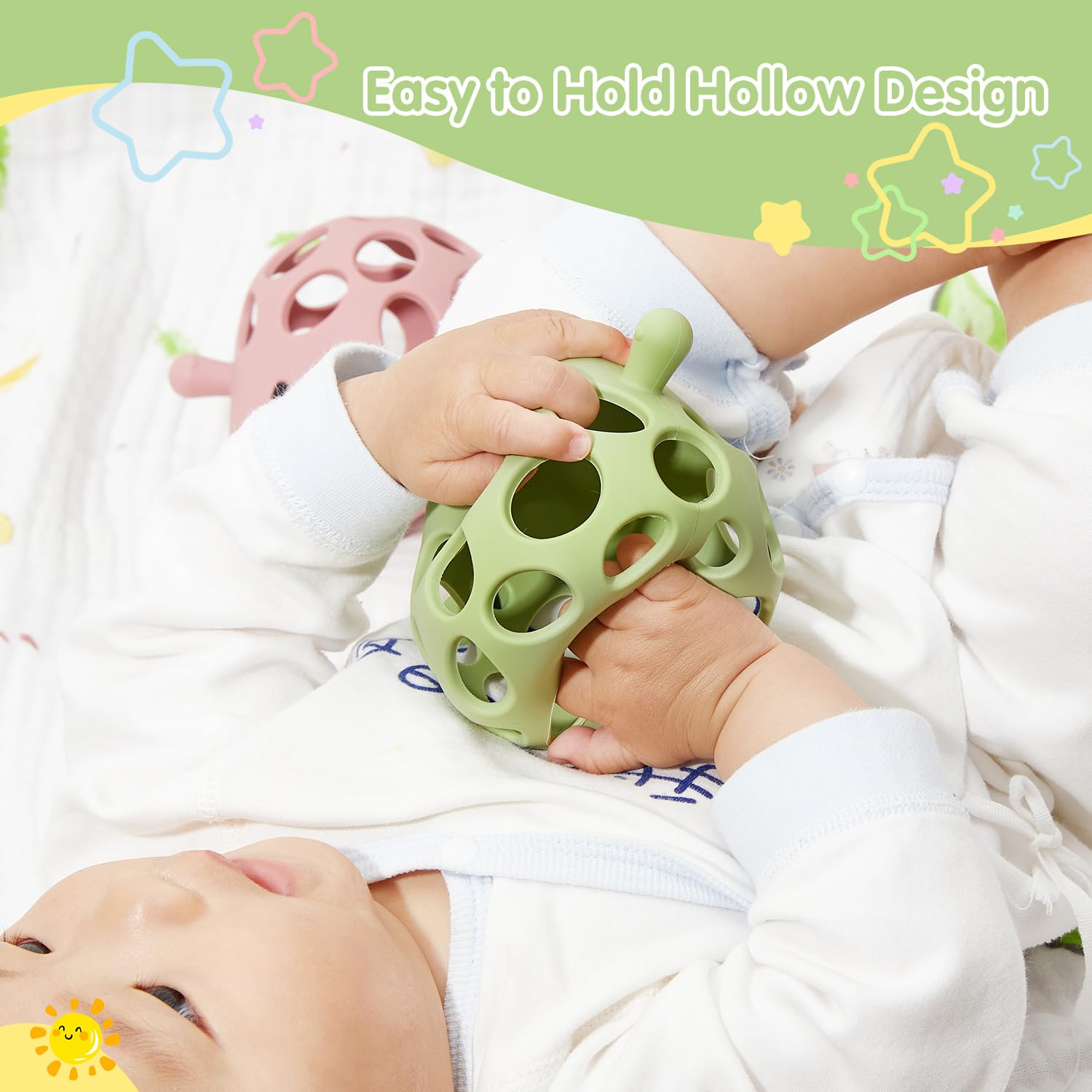 Baby Teething Toy with A Toy Strap for Babies 0-6 6-12 Months, Food-Grade Silicone Teething Mitten, Easy to Hold Hollow Design, Anti Dropping Wrist Hand Teethers, Baby Chew Toys for Sucking Needs