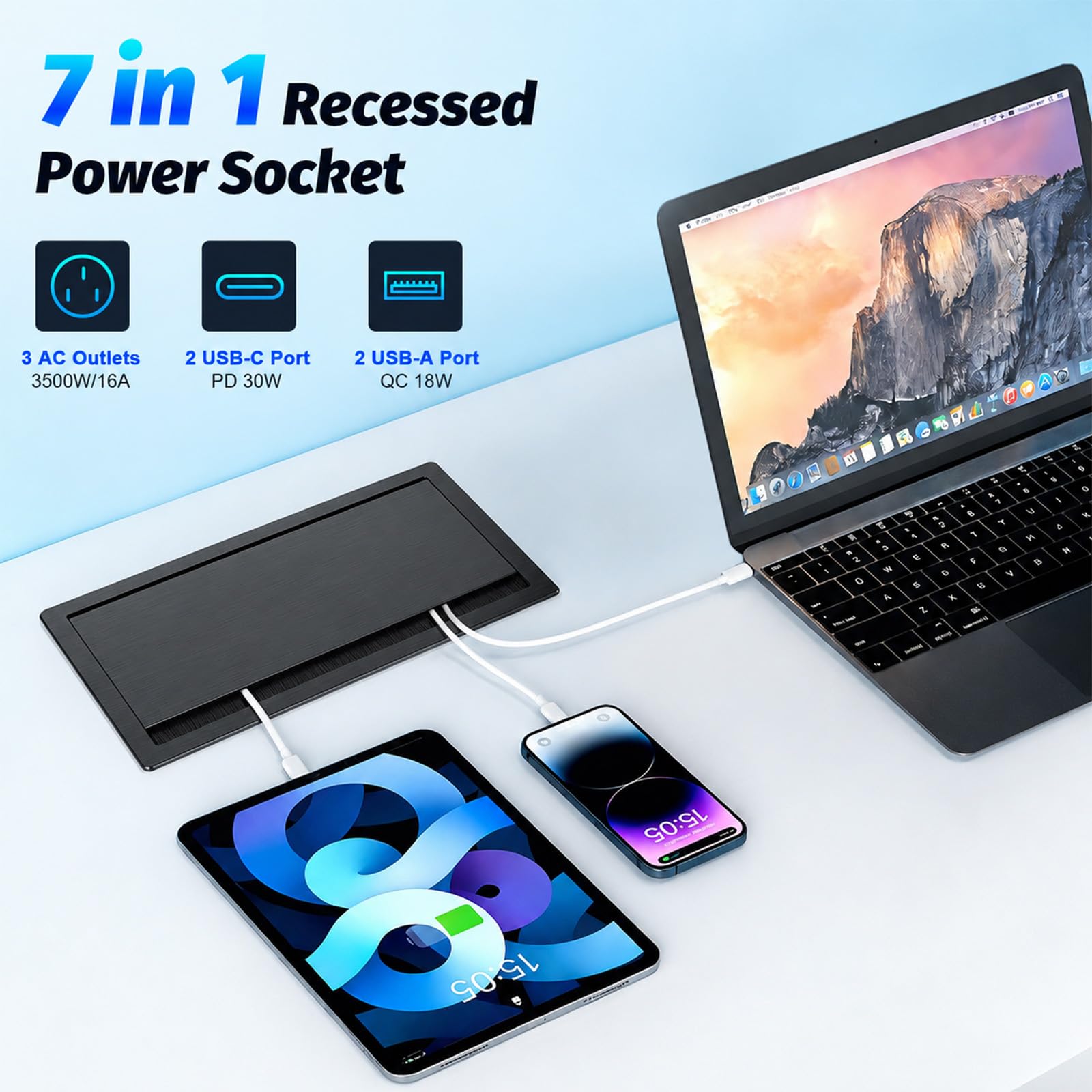 Ciabatta elettrica da incasso, a scomparsa, 2 x USB-C PD 30 W + 1 x USB-A, presa da incasso in alluminio con interruttore, per piano di lavoro, cucina, ufficio e sala conferenze, cavo da