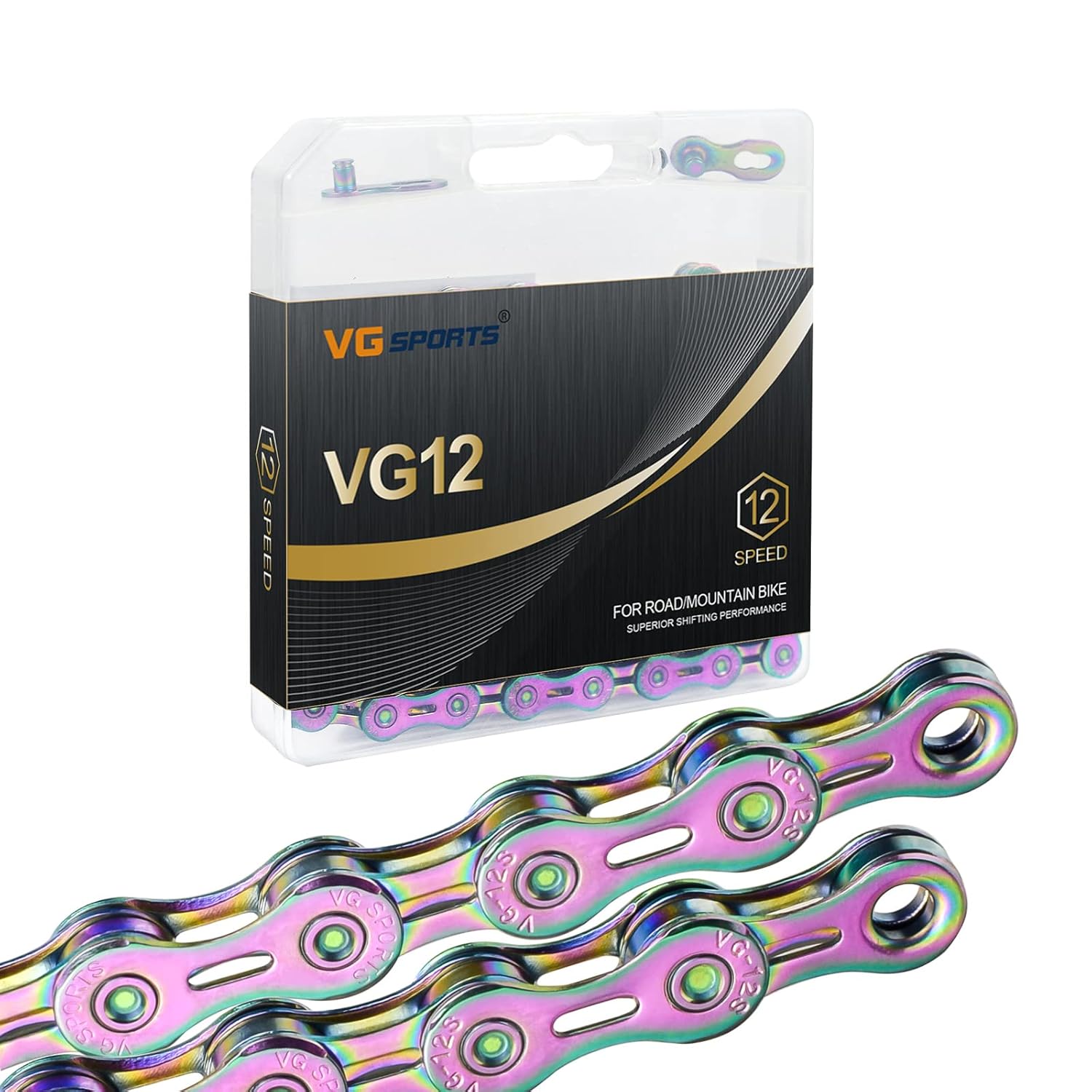 VG Sports 12 Speed Bike Chain,Full Hollow Ultra Light Bicycle Chain Suitable for Moutanin Bike Road Bike,1/2 x 11/128 Inch,126Links, Silver/Rainbow/Titanium