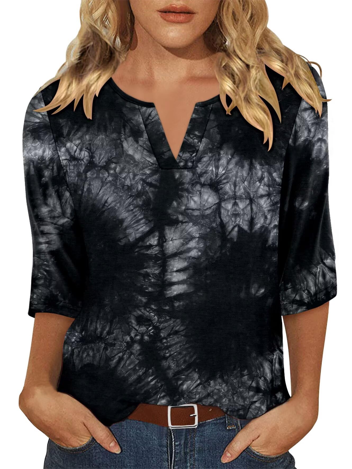 KISSMODA 3/4 Length Sleeve Shirts for Women Floral Business Shirts Tops Blouses Tops Loose Fit T-Shirts