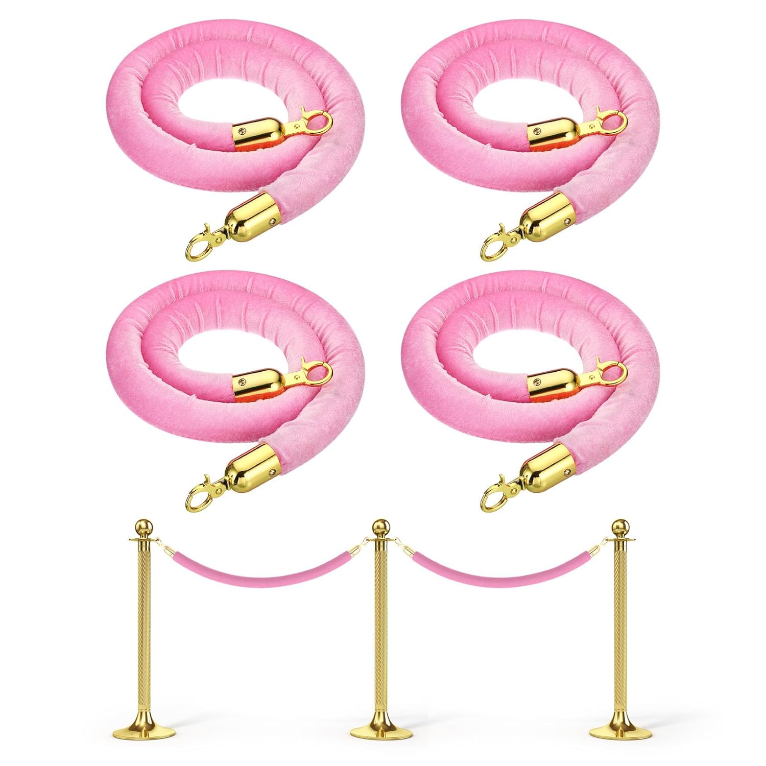 PATIKIL 4 Feet Pink Velvet Stanchion Rope, 4 Pack Crowd Control Barrier ...