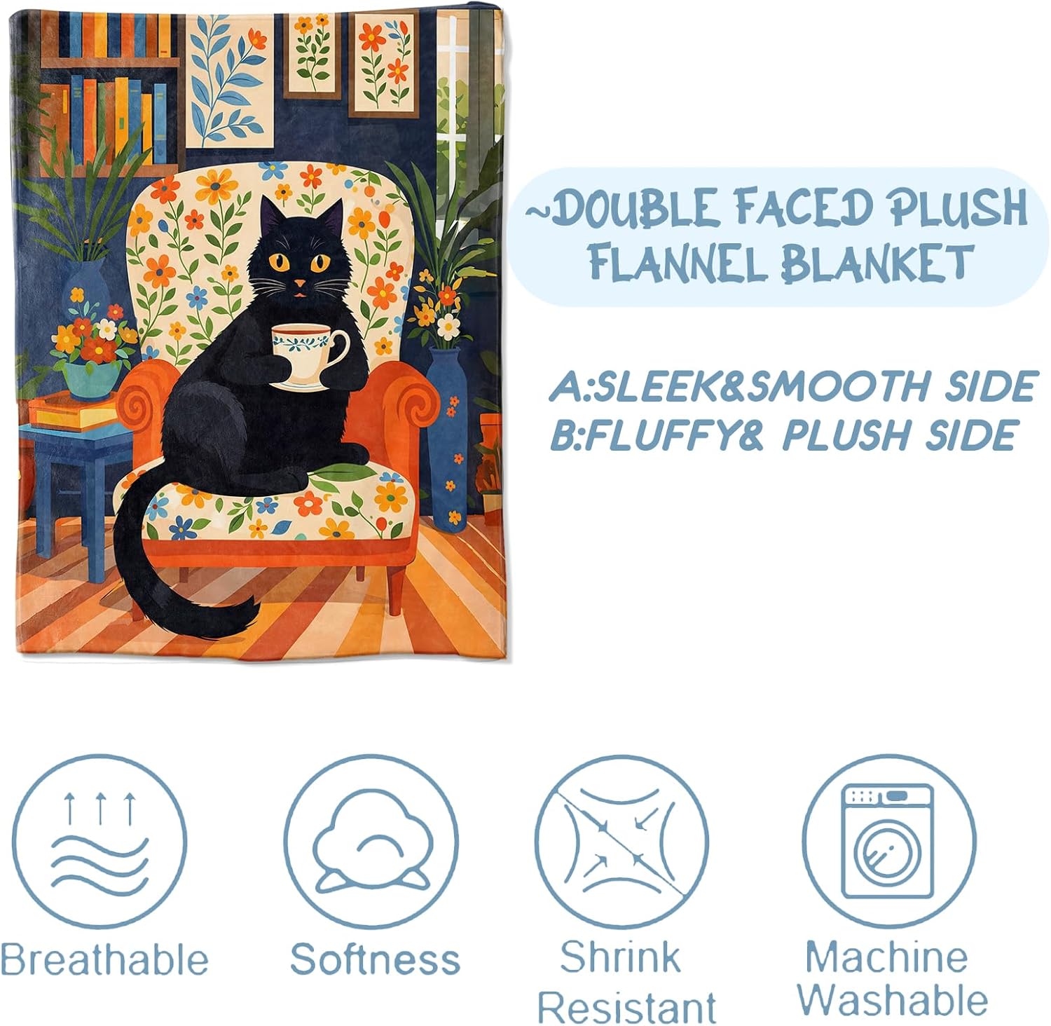 Playful Black Cat Flannel Blanket, Soft Cozy Throw with Floral Kitten, Lightweight Blankets for All Seasons, Flower Botanical Home Sofa Bed Decor and Gifts for Kids Girls Boys, 50x60 Inch