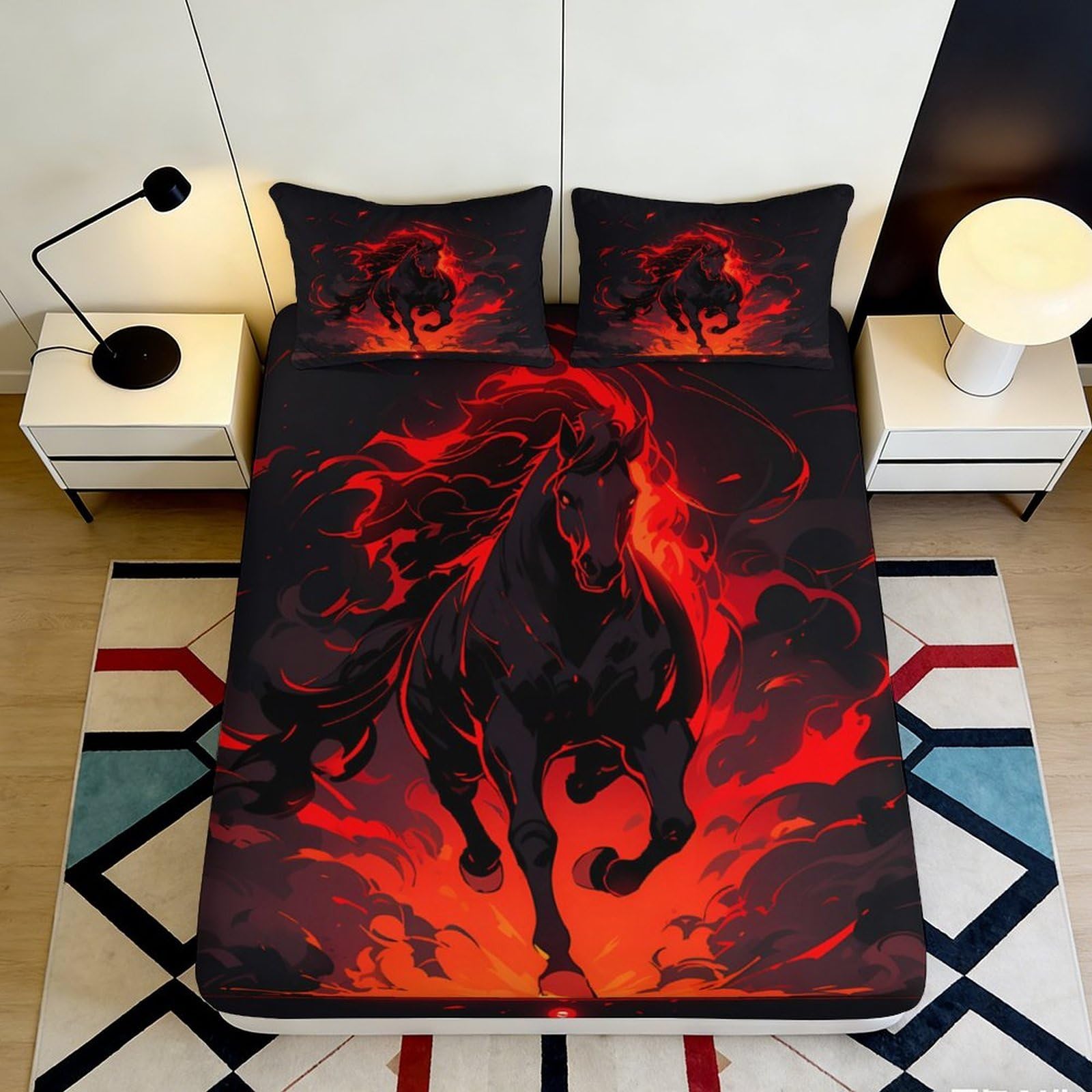 3D Printed Fiery Horse Fitted Sheet Microfiber Soft Breathable Flaming Stallion Bed Sheet for Bedroom Dormitory Mattress Protection Decor 200x200x25cm
