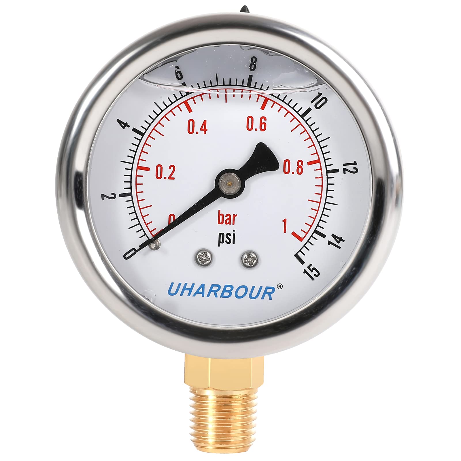 UHARBOUR Glycerin Filled Low Pressure Gauge 15psi/1bar, Stainless Steel case, Brass Inside Construction, 2-1/2" dial, 1/4" NPT Rear Connection.