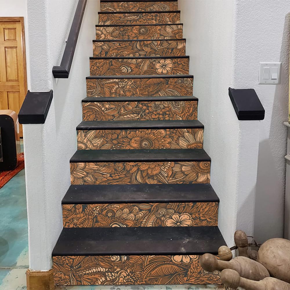 REDAMANCY Brown Vintage Flower Peel and Stick Vinyl Stair Riser Decals Staircase Tile Stair Stickers Abstract Boho Art Modern Decoration Self-Adhesive Home Decor Stair Decals (14Pcs)