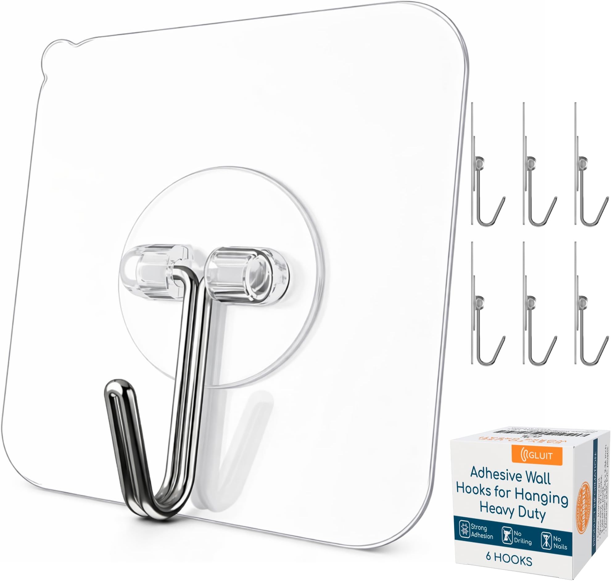 GLUIT Adhesive Wall Hooks for Hanging Heavy Duty 22 lbs Hooks for Walls No Drill, Towel Sticky Clear Hook, Waterproof, Home, Bathroom, Kitchen, Office, and Outdoor 6 Pack