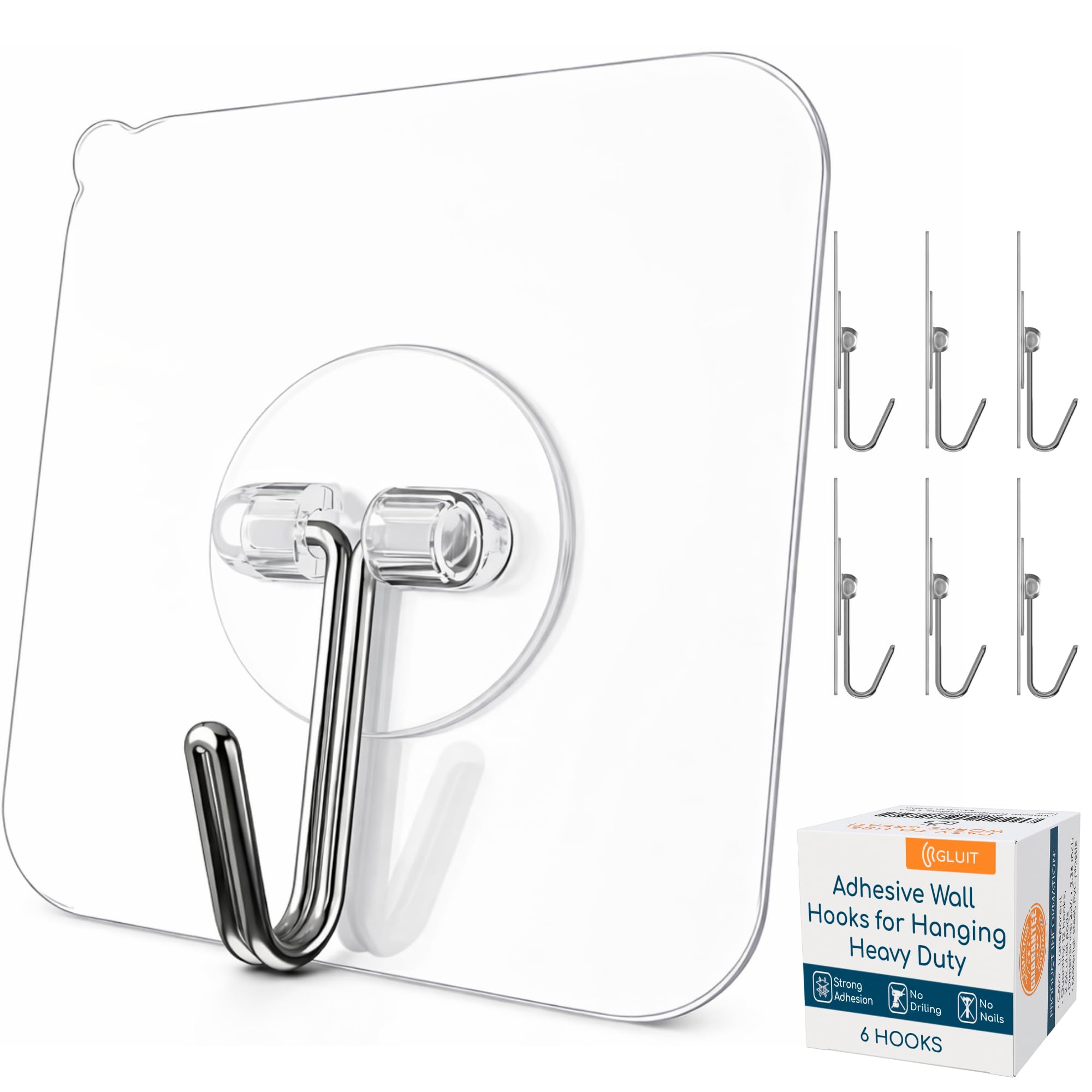 GLUIT Adhesive Wall Hooks for Hanging Heavy Duty 22 lbs Hooks for Walls No Drill, Towel Sticky Clear Hook, Waterproof, Home, Bathroom, Kitchen, Office, and Outdoor 6 Pack