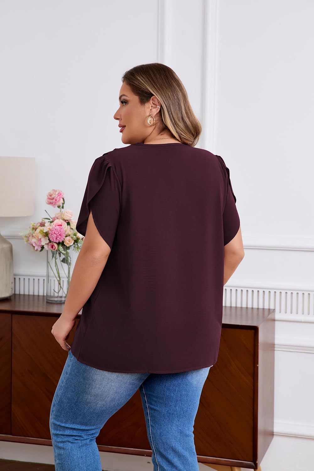 Women's Plus Size Casual Blouses Solid Business Work Tops Petal Short Sleeve V Neck Loose Fit T Shirt Summer Trendy 2026 - Image 3