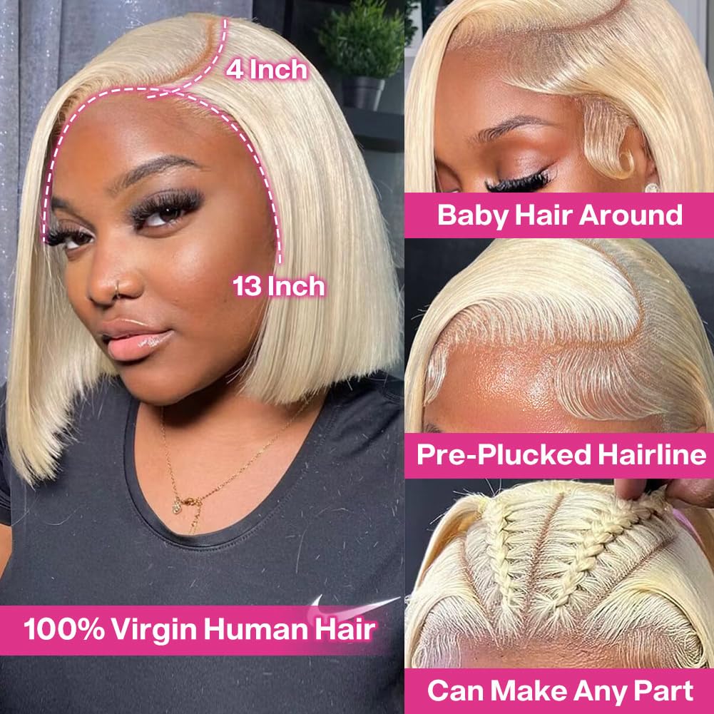 Bob Wig Human Hair 13x4 HD Lace Frontal Short Straight Lace Front Bob Wigs for Black Women Human Hair Pre Plucked Glueless Side Part 180% Density 613 Blonde Color 12 Inch