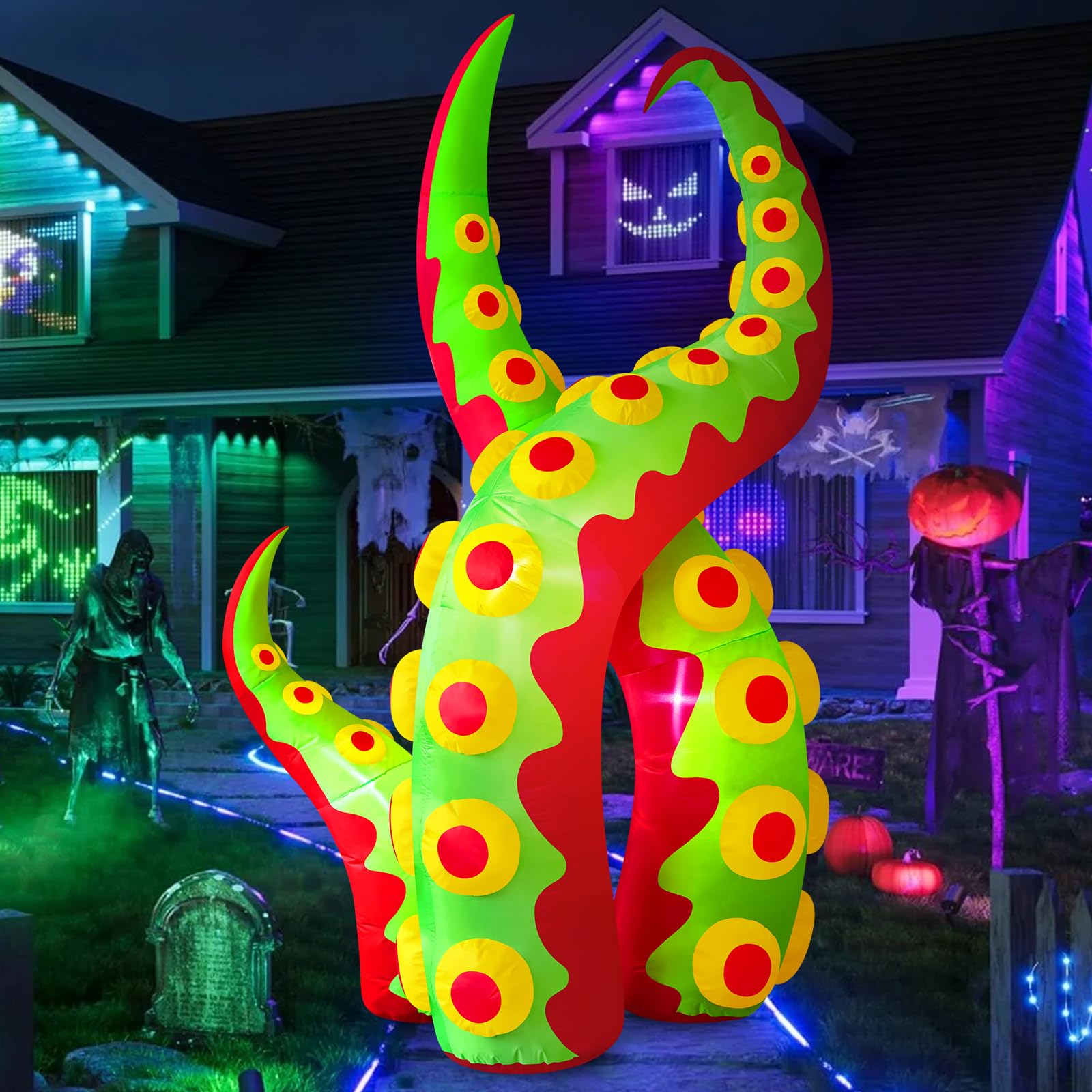 Danxilu 2,4m Halloween Deko Aufblasbar Oktopustentakel mit LED-Beleuchtung