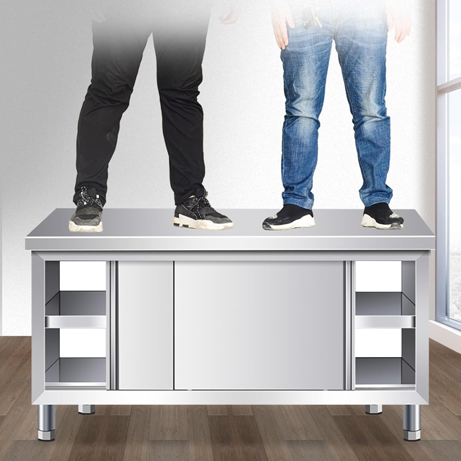 Double Pass Sliding Door Workbench Stainless Steel Kitchen Prep Table Chopping Table Large Space Storage Cabinet Sturdy Commercial Metal Table Water Proof and Rustproof Sturdy and Stable