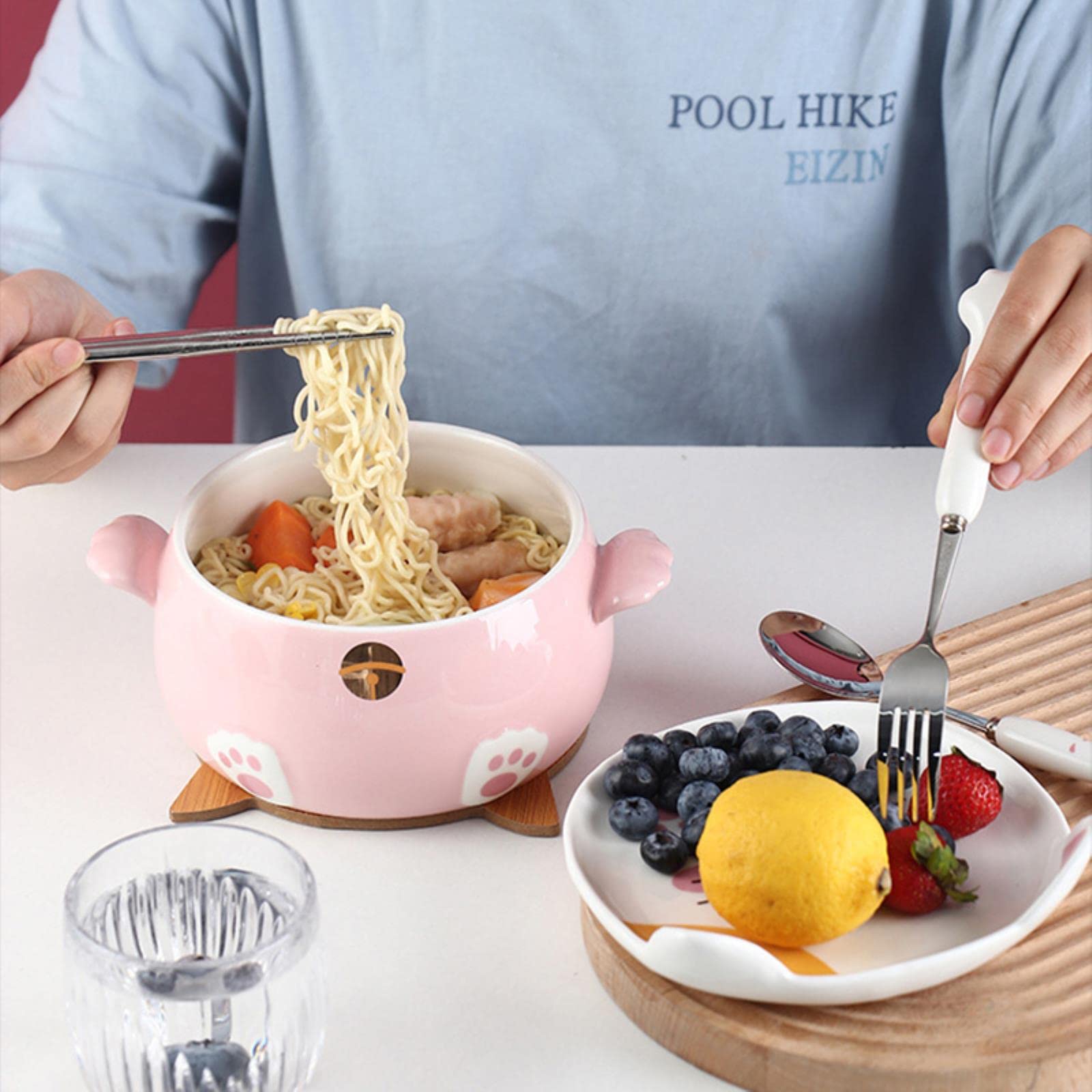 Schöne Katzen-Ramen-Schüssel mit Essstäbchen, Deckel, Löffel, Teller, Keramik, niedlich, für Küche, Salat, Obst, Instant-Nudeln, Reis, große Schüssel