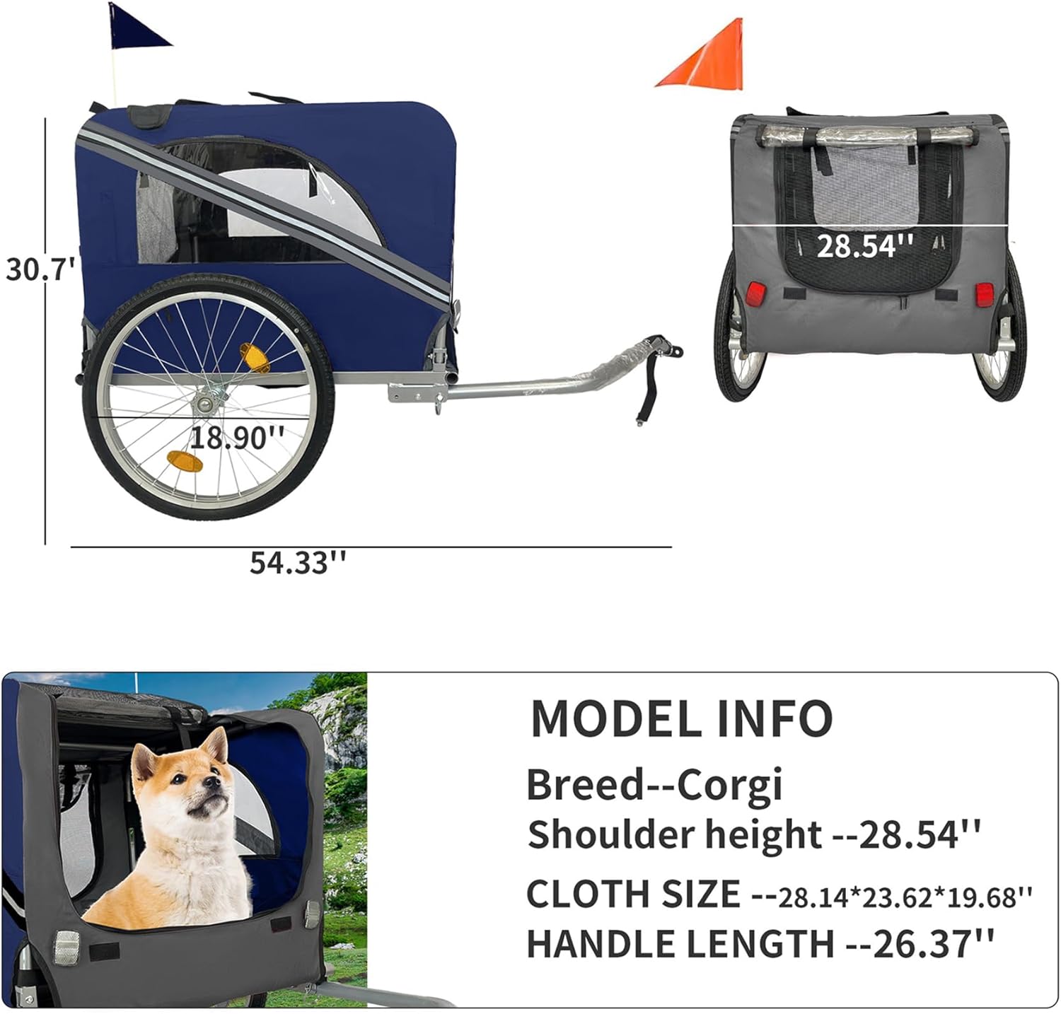 Dog Bike Trailer, Pet Bike Trailer, Folding Pet Dog Trailer Cart for Bicycle with 20 Inch Wheels, Breathable Mesh Dog Cart with 3 Entrances, Safety Flag, Up to 88 lbs