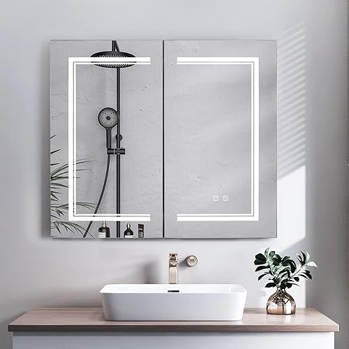 Karl home Botiquín de baño de 28 x 20 pulgadas con espejo LED armario de baño regulable montado en la pared de 3 colores con estantes de