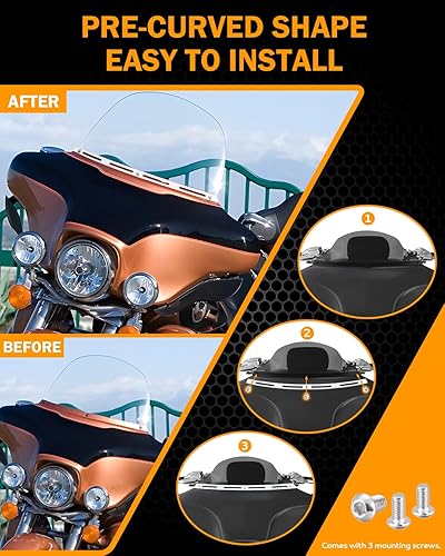 Miniatura 5 de PBYMT Parabrisa biselada con ranuras pulidas de acero inoxidable en forma de murciélago, cromada, compatible con Harley Tri Electra Street Glide