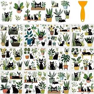 arricraft 12 Sheets Black Cat Rub on Transfers for Crafts, Green Plants Potted Plants Rub on Transfer Stickers PVC Rub on Decal for DIY Home Furniture Window Wood 5.5x5.5inches(140x140mm)
