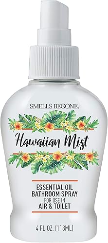 SMELLS BEGONE Ambientador de aceite esencial en espray para baño, elimina los olores del baño y el inodoro, fabricado con aceites esenciales, aroma