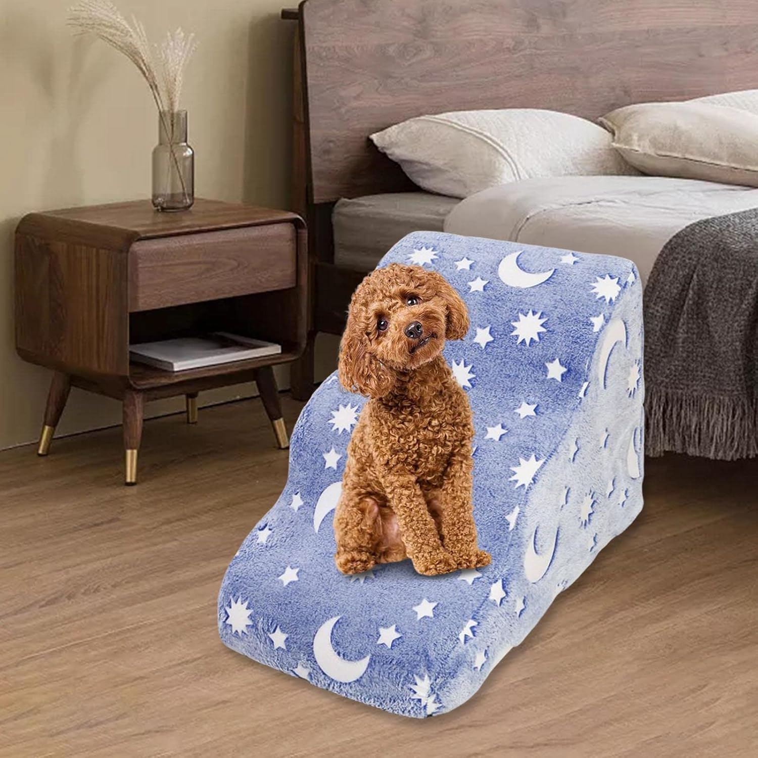 Dog Ladder Dog Stairs Puppy Cat Steps Anti Slip Bottom with Noctilucent for Sofa Bed Removable Cover and Machine Washable Detachable Pet Toy, Star Moon 58x38x38cm