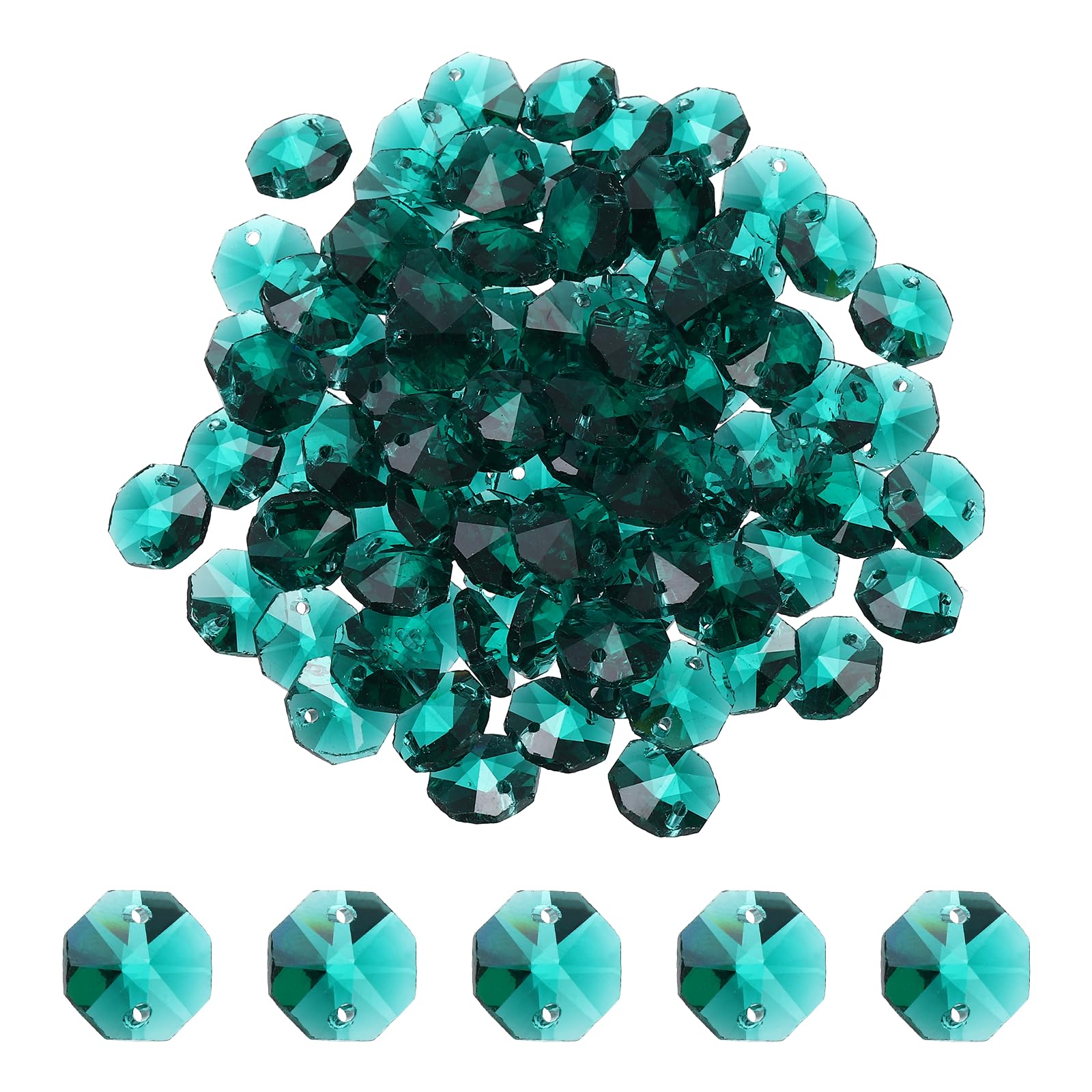 YELARXI 14mm Glass Octagon Beads, Sun Catcher Beads Bulk 2 Hole Sun Catcher Pendants 0.55" & 150 Pcs & Peacock Green-Fitting for (Arts Crafts/Crystal Chandelier Repair/DIY Wind Chime)
