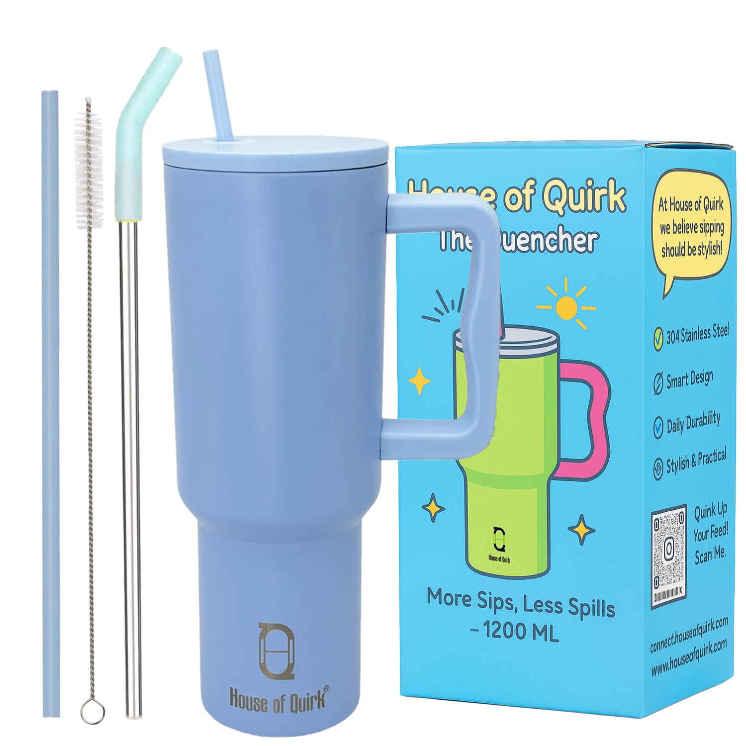 House of Quirk 1200ML Stainless Steel Tumbler with Handle & Lid, 2 Straws – Large Travel Mug Water Cup for Gym, Office & Outdoor Use (Mistblue)