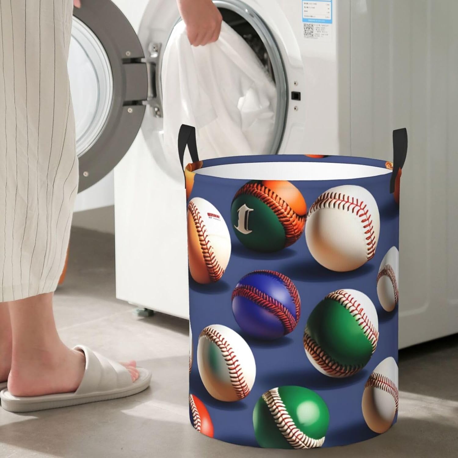 Sport Baseball Print Circular Protable Storage Bin,Basket For Laundry Hamper With Handles Bedroom Clothes