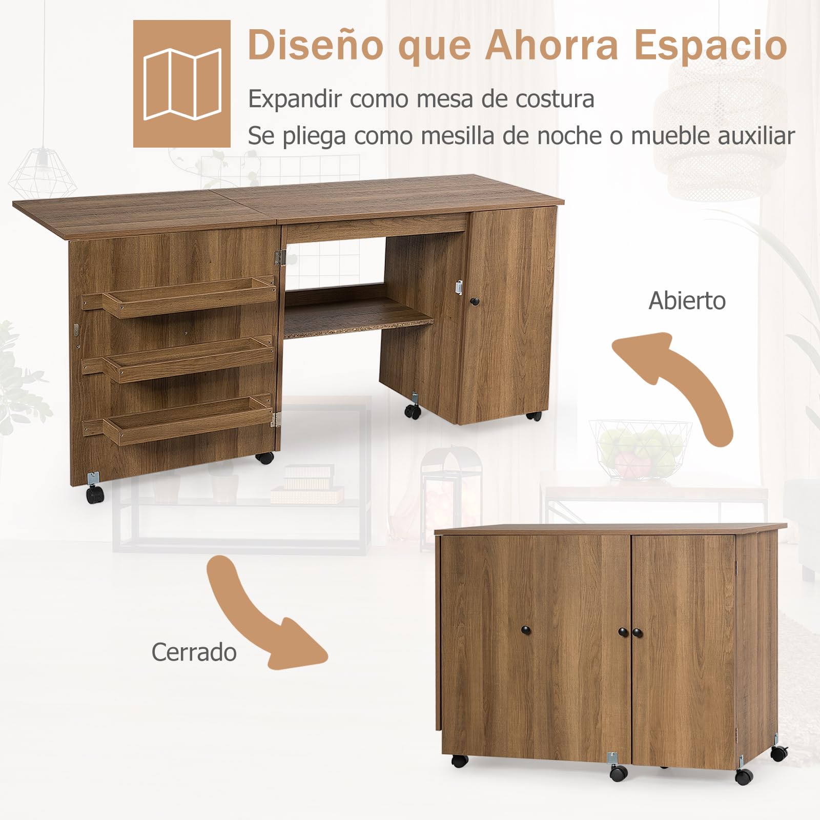 GIANTEX Armario de Costura Plegable con 5 Ruedas y 3 Estantes, Mesa Plegable de Costura con Tabique, Mueble para Máquina de Coser para Dormitorio, Salón y Estudio (Marrón)