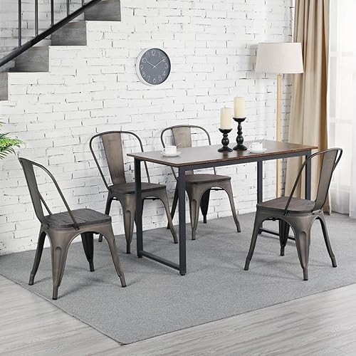 Miniatura 2 de Yaheetech Sillas de comedor de metal con asiento de maderasillas laterales apilables en la parte superior, sillas de cocina con respaldo para