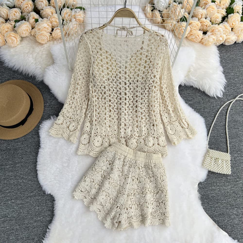 OZEO Pulls sans Manches Gilet,Ensemble De Bikini Triangle Au Crochet avec Couvertures pour Femmes Débardeurs avec Coussinet Gland D'Été Halter Neck Crop Tank Tops Ethnique Sexy Tricoté Plage Maillot