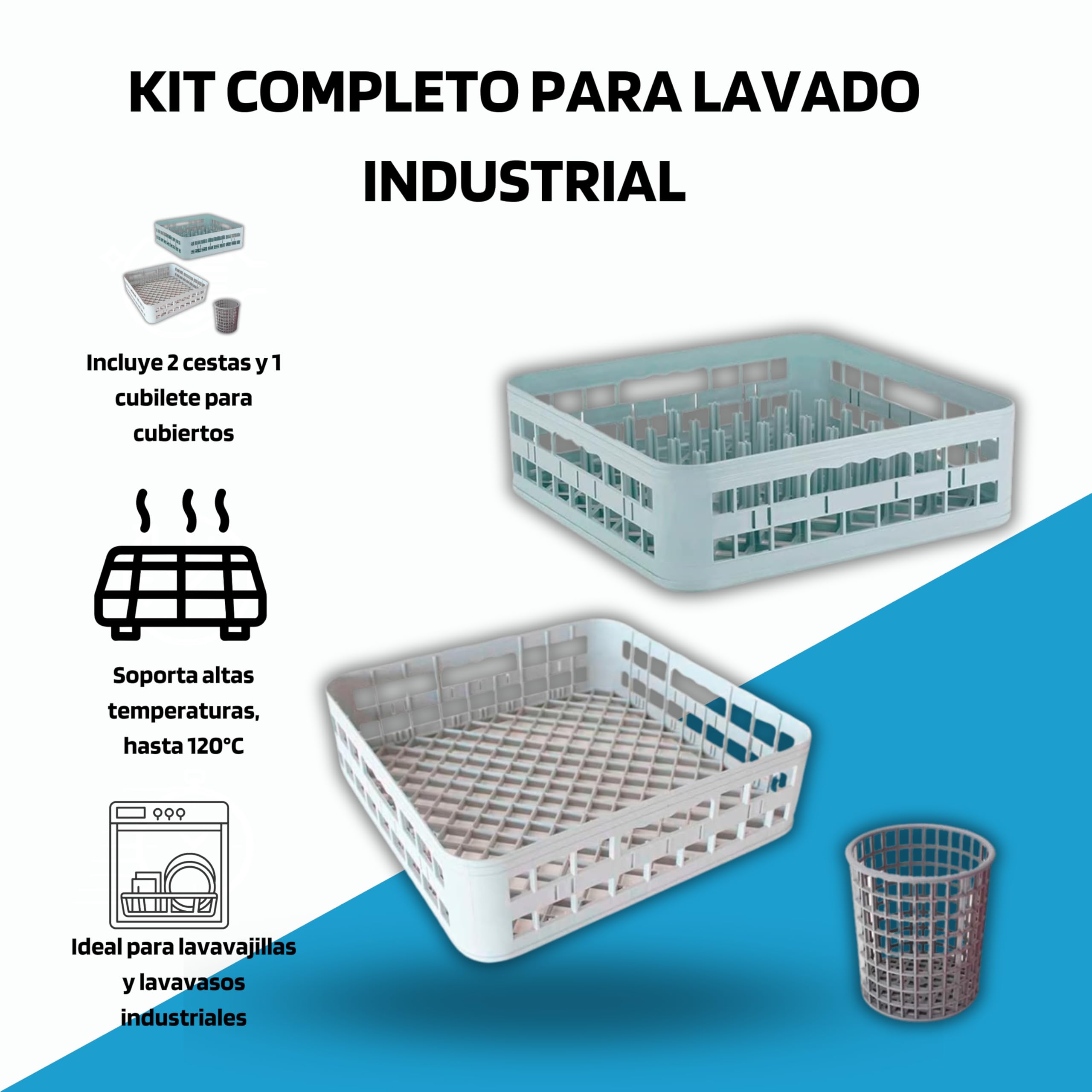 Kit De 2 Cestas De Lavado + 1 Cubilete Para Cubiertos - Lavavajillas Industrial Hosteleria, Cesta Lavavajillas, Lavavasos Industrial Hosteleria, Higiénico, Apilable, Dimensiones: 40x40x12 Cms