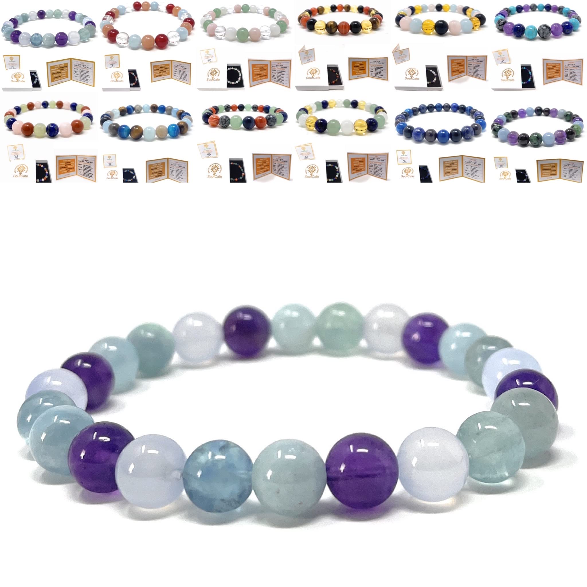 Zodiac Crystal Bracelets - Soul Cafe Birthstone Gemstone Power Bead Bracelets - Gift Box & Information Tag - Size Choice Customisation