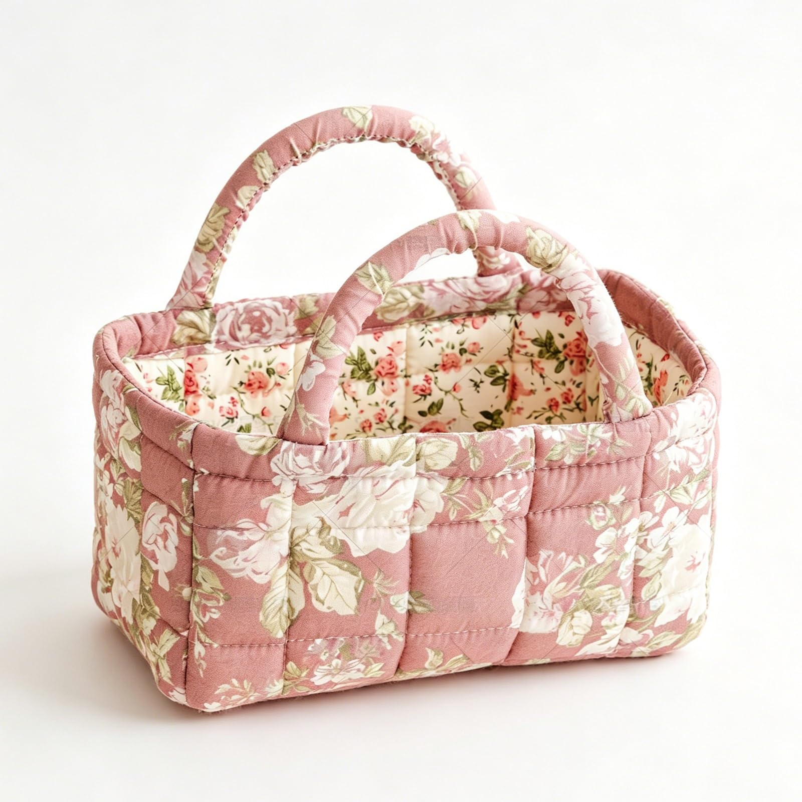3L Floral Quilted Fabric Storage Basket, Portable Small Organizer Bin with Double Handles, Collapsible Cotton Makeup Basket for Bathroom Desktop Cosmetic Sundry Home Storage(3)