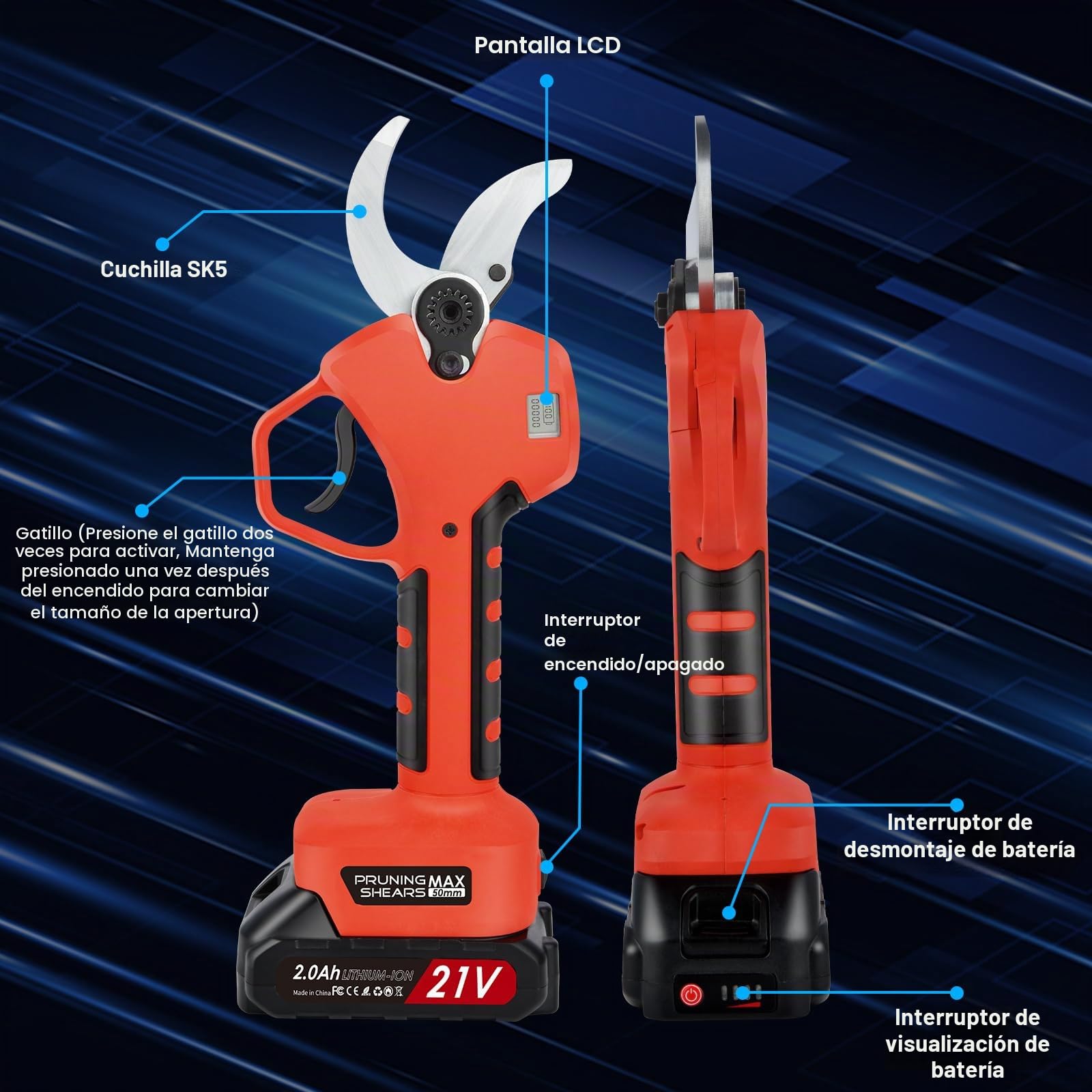 50mm Tijeras De Podar Electricas con 2 metros perca telescópica: Tijera podar telescopica 50-25mm Ajustables Hoja SK7 con 2 baterías de 21 V/2000 mAh - Tijeras de Podar Bateria Jardinería Olivos