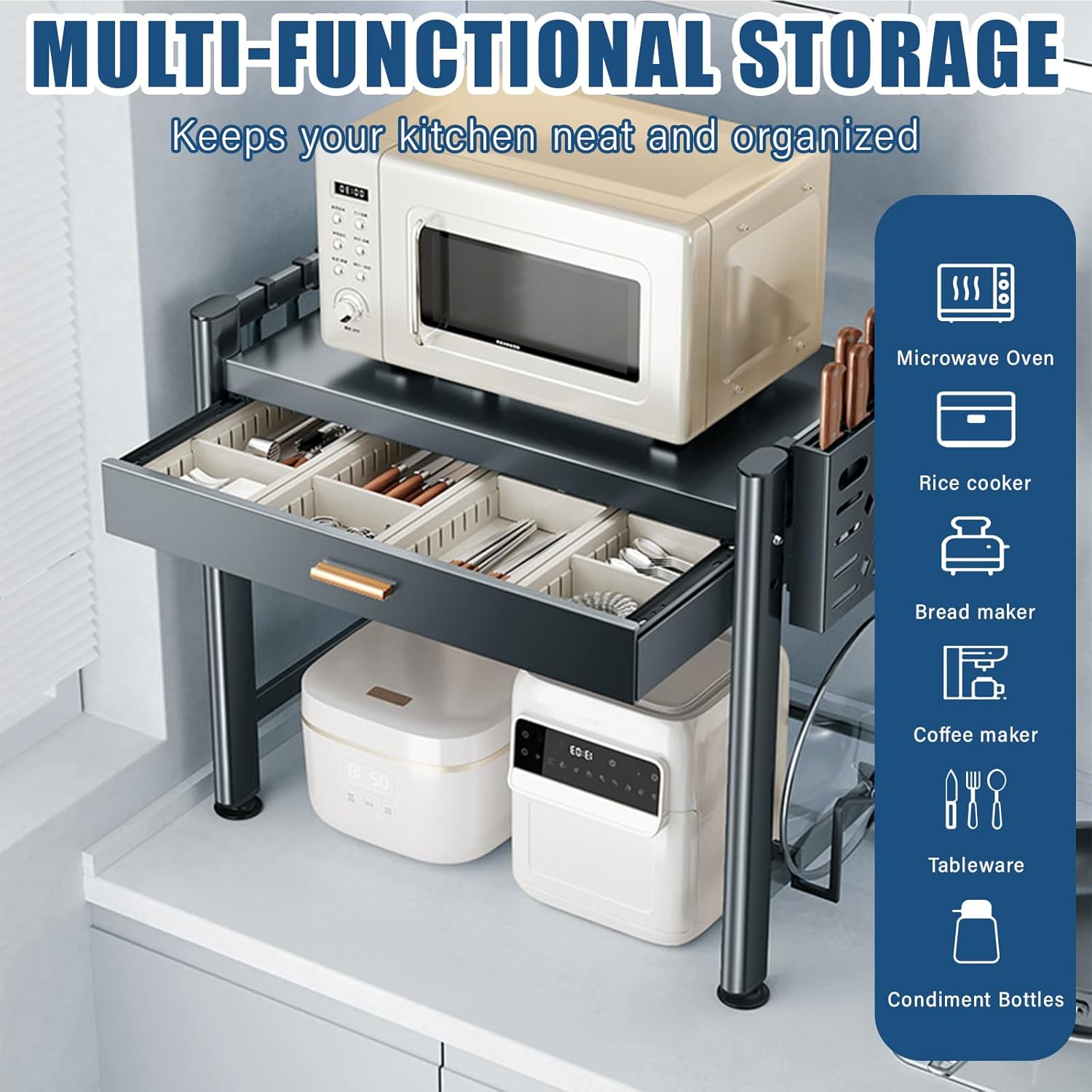 Adjustable Microwave Oven Rack, Microwave Stand Shelf with Drawers, 2-Tier Shelf with Cutting Boards Stand for Kitchen Shelves Counter Top Organizer, Holds 55lbs,9 Hooks and 4 Storage Boxes