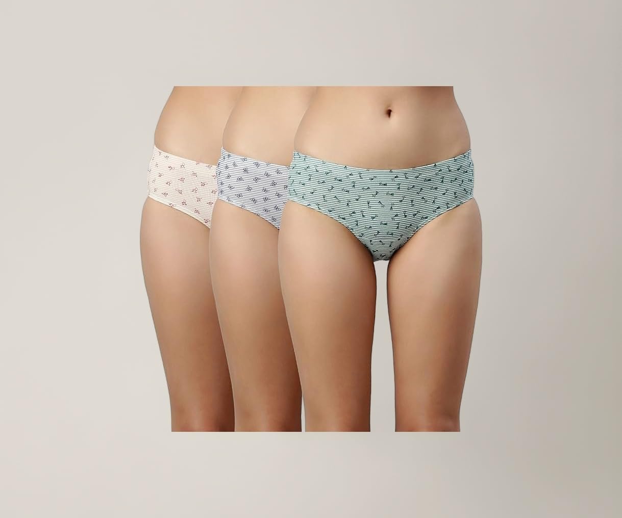 Stretchable Cotton Hipster Panties for Women, Full Coverage Grip Fit Inner Elastic with Antimicrobial & Stain Release Technology - Color and Print May Vary - CR17 (Pack of 3)