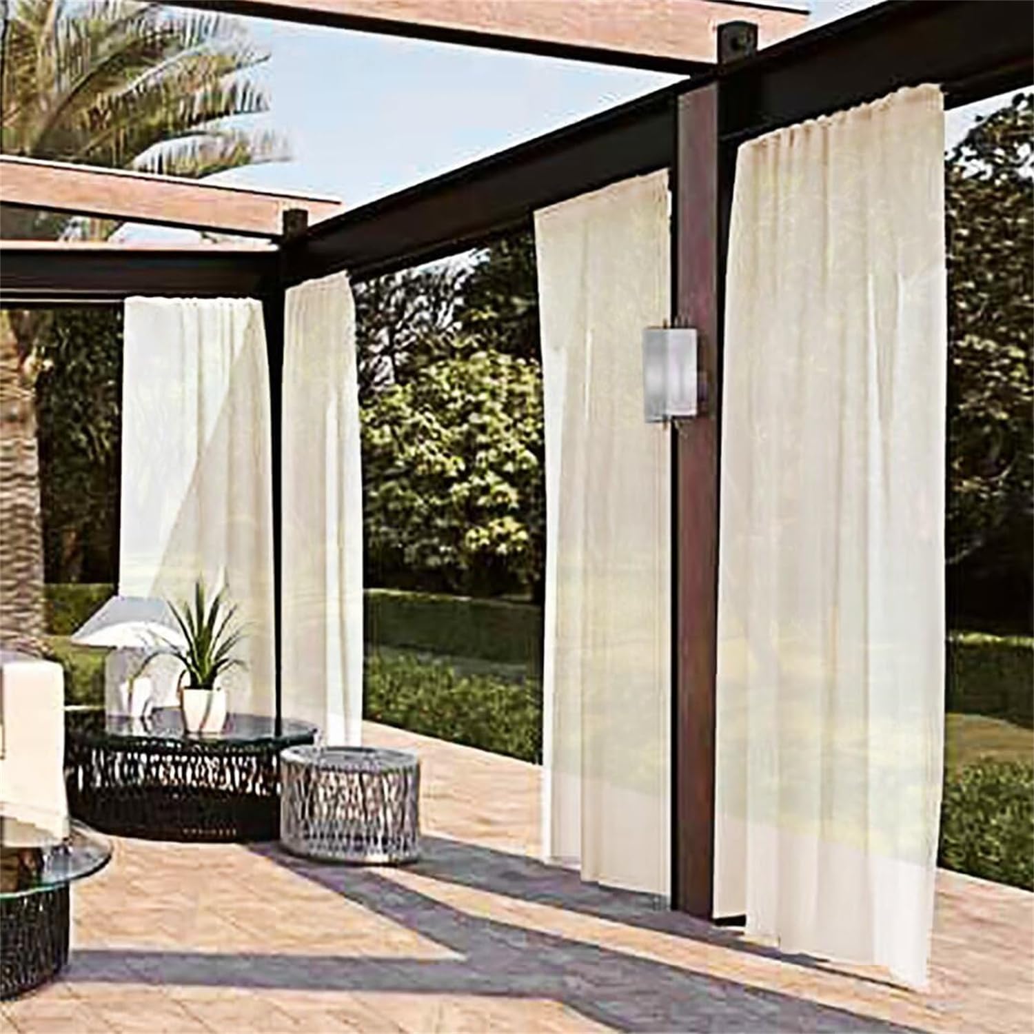 LINGKY Outdoor Vorhang Wetterfest Transparent Sonnenschutz Outdoorvorhänge Wasserdicht Voile Vorhang Outdoor Gardinen 2 Stück für Terrassentür Pavillon Veranda (B132xH213cm,Elfenbein)