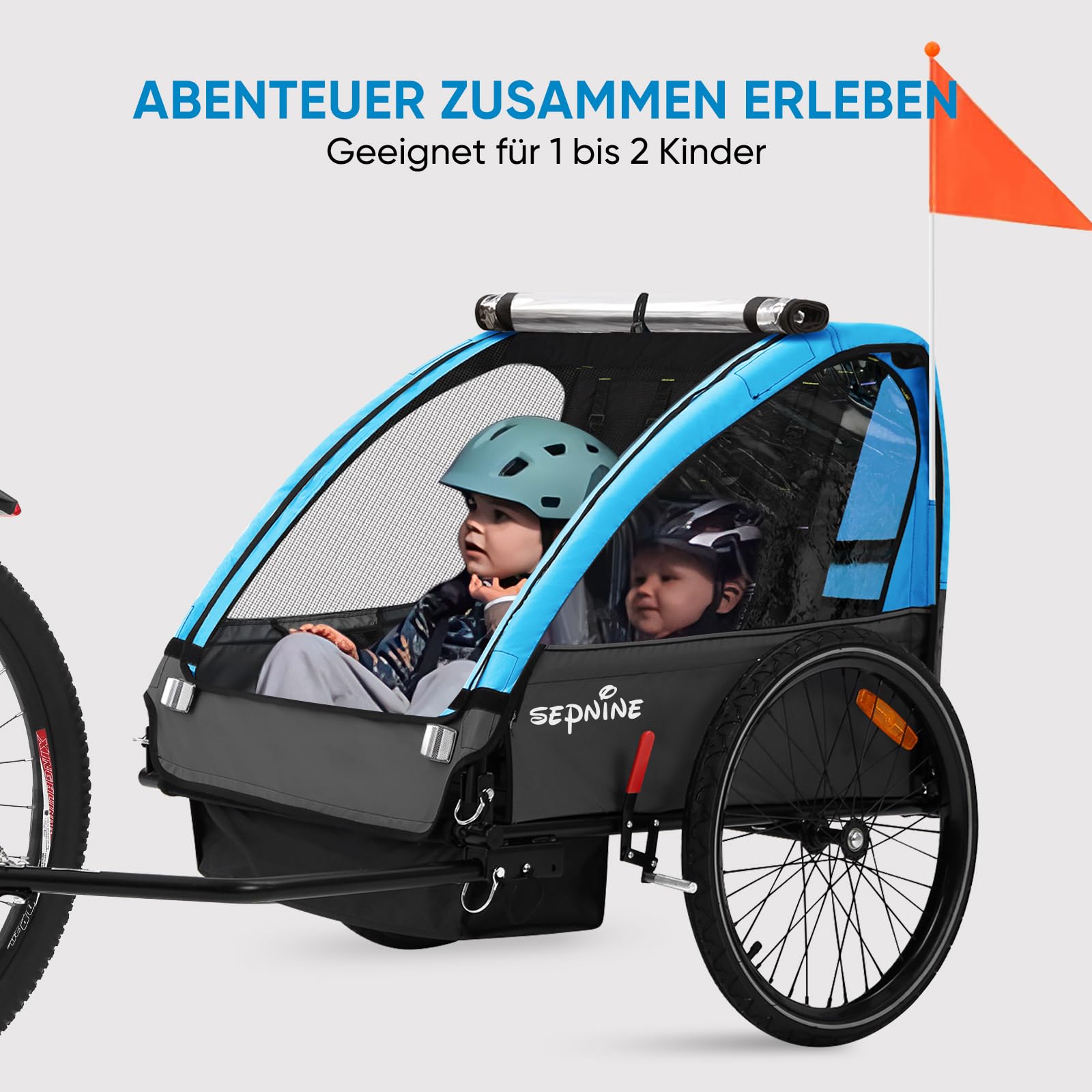 SEPNINE Kinderanhänger für Fahrrad, Fahrradanhänger für 1-2 Kinder, mit 5-Punkt-Sicherheitsgurt, Luftreifen, Handbremse, Faltbar, Max. 40 kg (Hellblau)