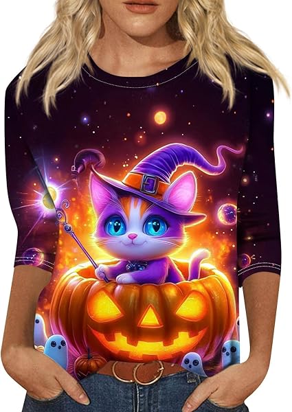 Halloween Shirts for Women 3/4 Sleeve Plus Size Crewneck Loose Fit Cute T Shirt Halloween Costumes for Women 2025