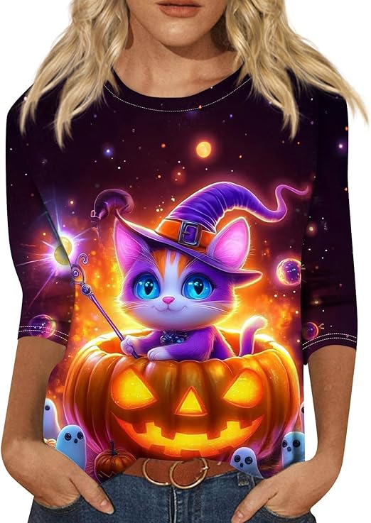 Halloween Shirts for Women 3/4 Sleeve Plus Size Crewneck Loose Fit Cute T Shirt Halloween Costumes for Women 2025