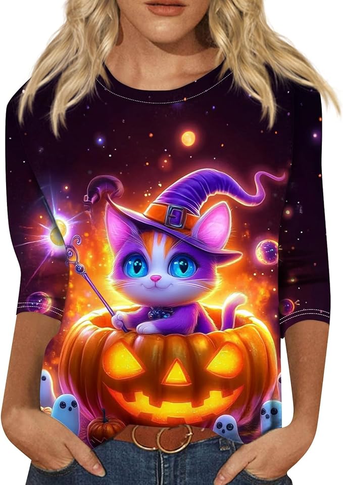Halloween Shirts for Women 3/4 Sleeve Plus Size Crewneck Loose Fit Cute T Shirt Halloween Costumes for Women 2025