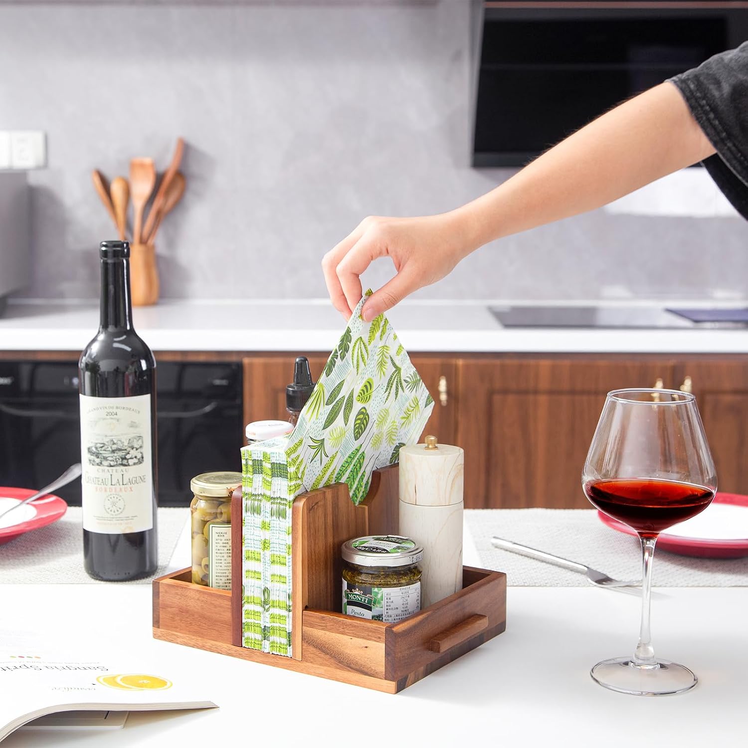 Napkin Holder for Table, Wooden Napkin Holder with Salt and Pepper Shakers Caddy, Rustic Napkin Holders for Kitchen Dining Room Table Decor, Standing Wood Napkin Dispenser for Indoor & Outdoor Use