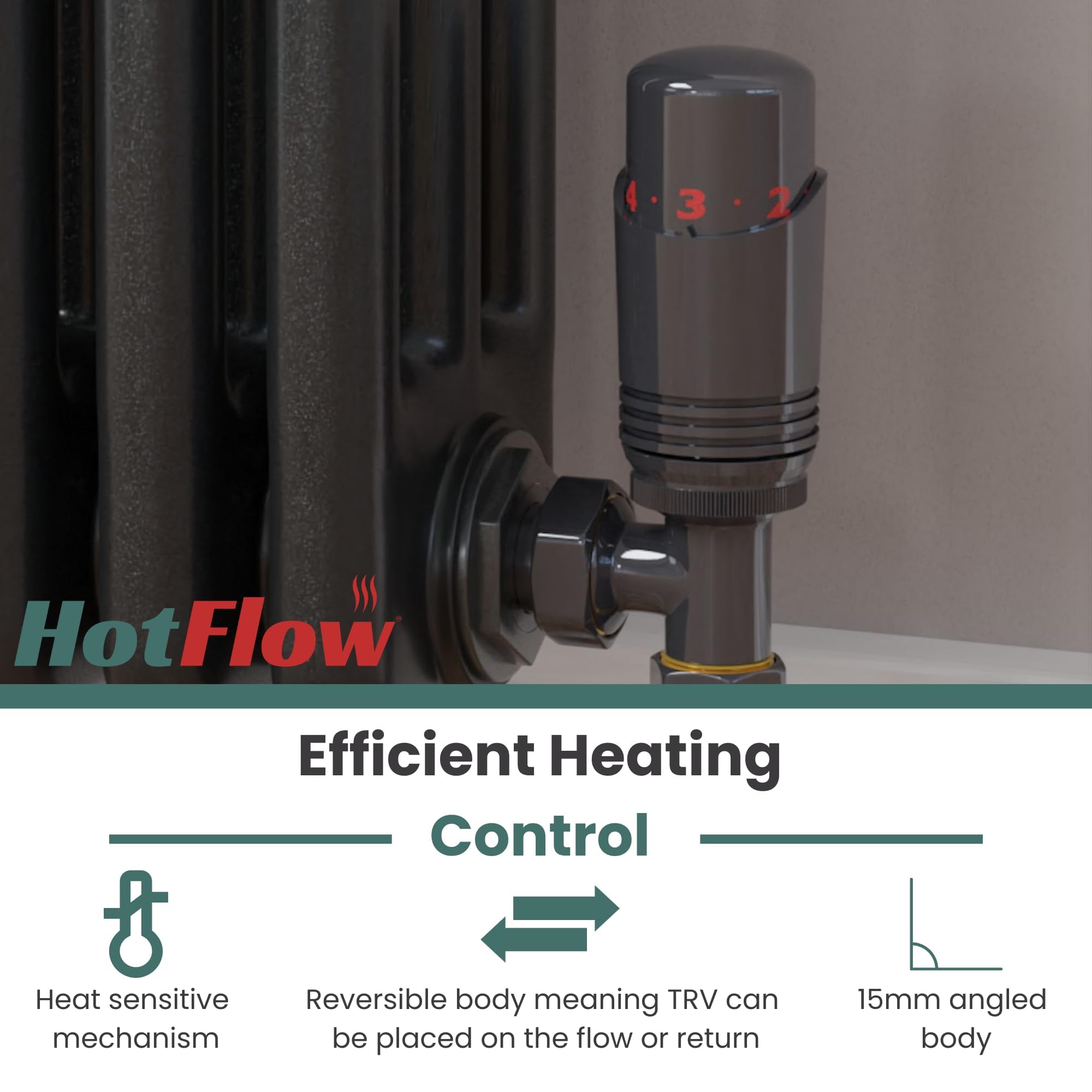 Hot Flow Anthracite Cascade Angled Modern TRV Thermostatic Radiator Valve (Pair) Includes Angled TRV Body - Image 3