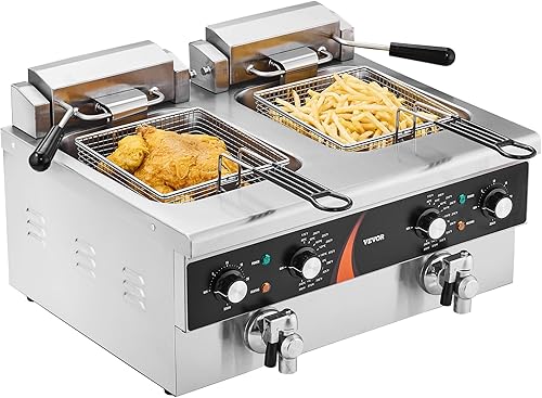 Miniatura 9 de VEVOR Freidora comercial, 2 freidora de aceite doble de 9 cuartos 8.5 L con 2 cestas, acero inoxidable de 0.039 pulgadas de grosor, freidora