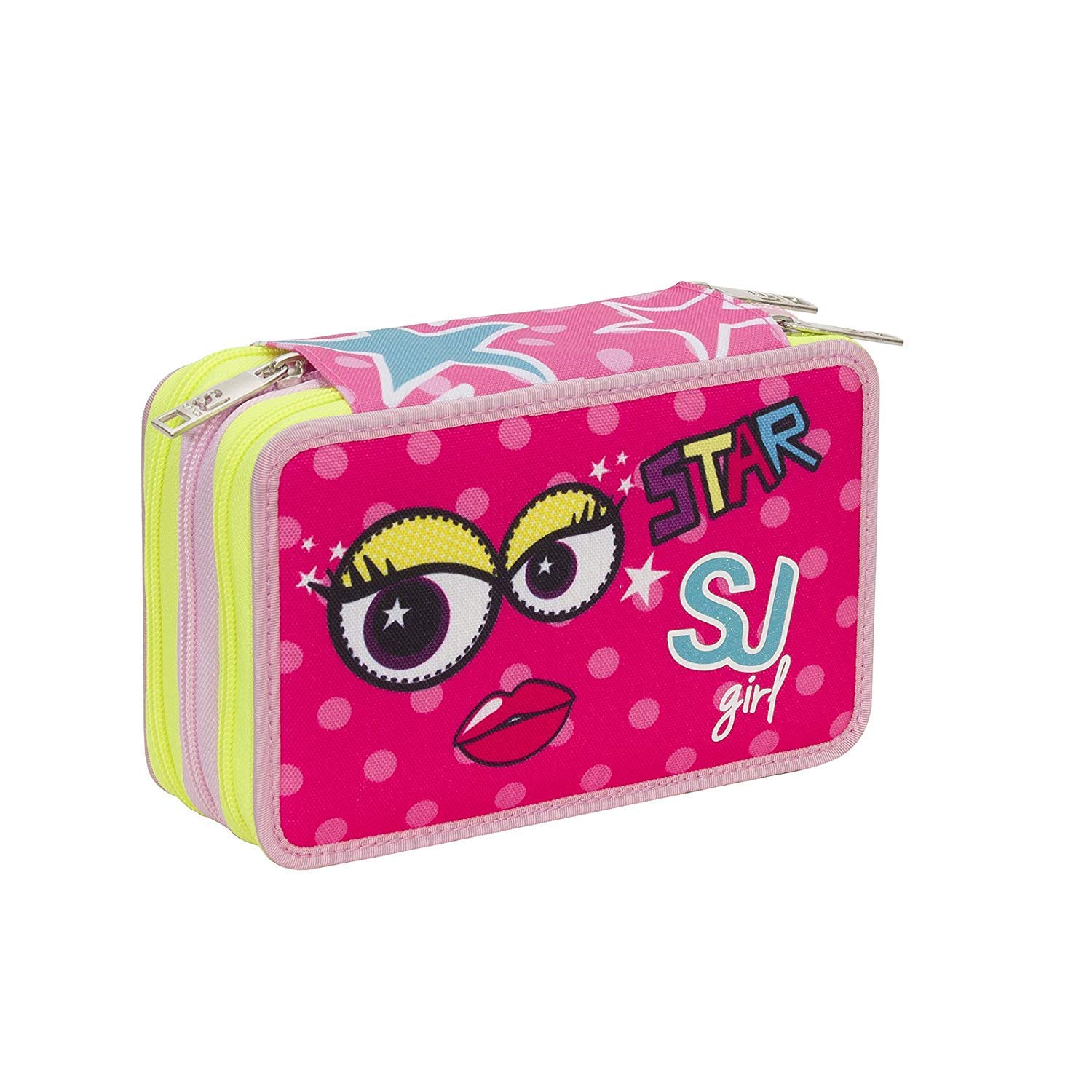SEVEN ZAINO SDOPPIABILE SCHOOLPACK GIRL SJ GANG FACCE DA SJ GIRL + ASTUCCIO 3 ZIP COMPLETO DI CANCELLERIA