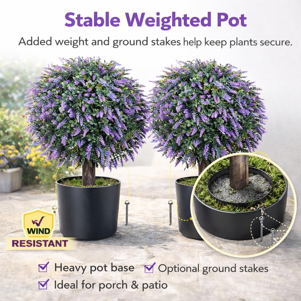 Artificial Lavender Topiary Trees Set of 2, 24" UV Resistant Fake Plants for Front Door Porch Decor, Potted Faux Lavender Plants for Outdoor Patio Entryway