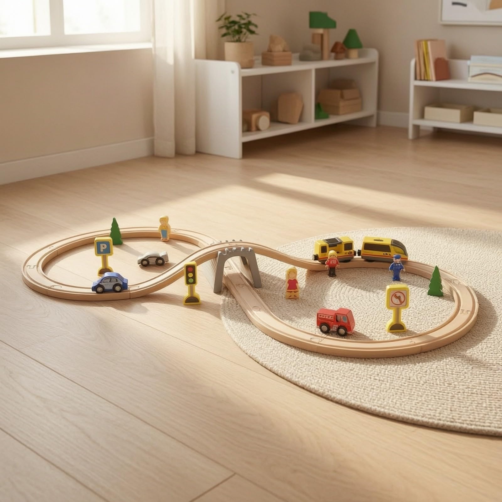 Almencla Pista con Trenetto Batteria e Personaggi Per Bambini, Creativo, Set Ferrovia in Legno con Accessori Città, Apprendimento Del Pensiero Spaziale