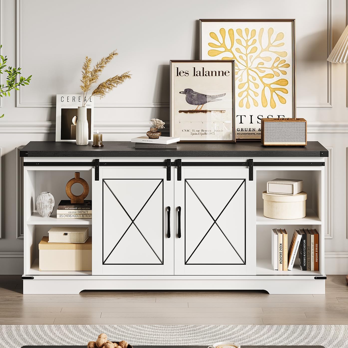 59" Farmhouse TV Stand for Televisions Up to 65 Inches, Entertainment Center with Sliding Barn Doors & Adjustable Shelf, TV Media Console Table with Storage Cabinet for Living Room, Dining Room, White