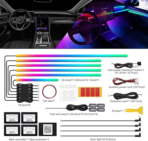 Miniatura 86 de Tira de luces LED acrílicas para interior de automóvil con aplicación inalámbrica, RGB 10 en 1, 175 pulgadas, 593 LED, iluminación ambiental
