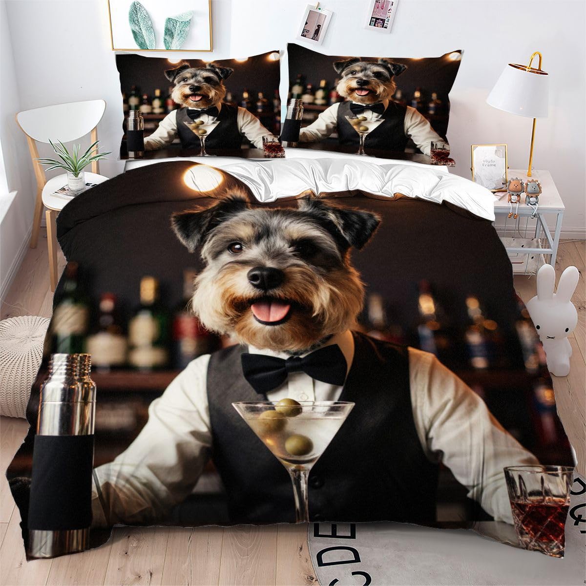 Parure Couette 160x200 Chien 3D Anti-Froissement Facile à Laver